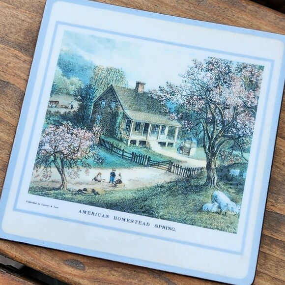 Vintage Currier & Ives Hometown Season Pictorial Collage Coaster Set Cork Back - Picture 2 of 9